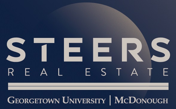 Steers Real Estate logo with navy background and fading globe
